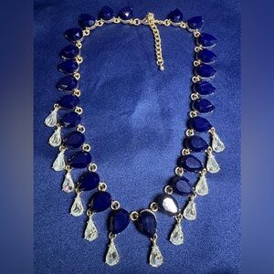 Necklace Blue and Gold-tone Victorian-Inspired with Rhinestones Dangle Formal